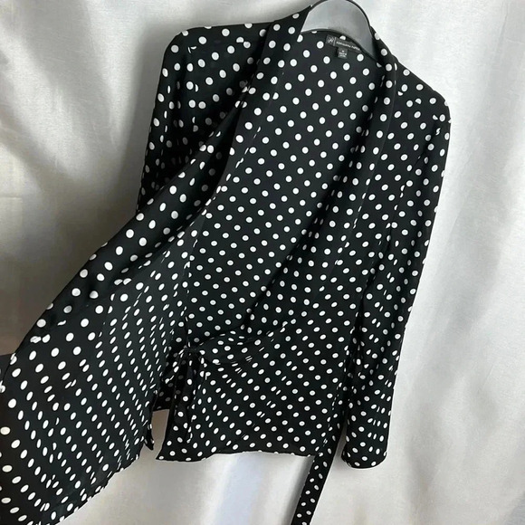 ADRIANNA PAPELL wrap sheer chiffon polka dot B&W blazer,cover jacket,blouse.EC - Picture 10 of 16